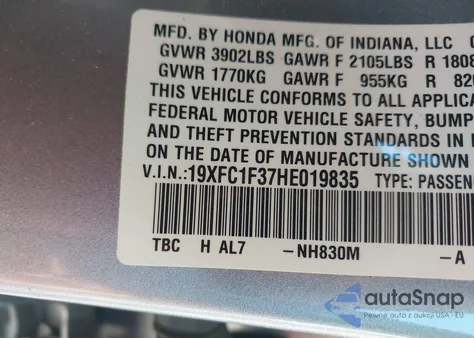 2017 Honda Civic Ex-T from USA, damaged, VIN 19XFC1F37HE019835